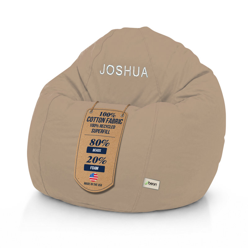 Monogrammed Cotton Bean Bag Chair | Filled w/Polystyrene Beads & CertiPUR Foam | Perfect for Teens & Adults, Natural Cotton