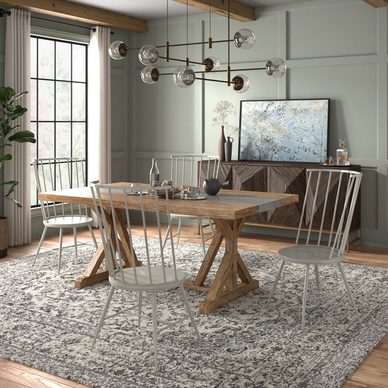 Durga Rustic Pine Frame Concrete Veneer Top Dining Table And Windsor Chairs Set - Stripe Concrete Veneer Top Table And 4 Chairs