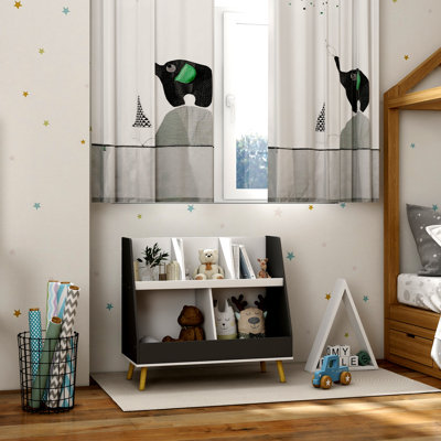 Étagère de rangement pour jouets à 2 niveaux pour tout-petits avec 5 compartiments, dispositif anti-basculement, pieds en bois de pin