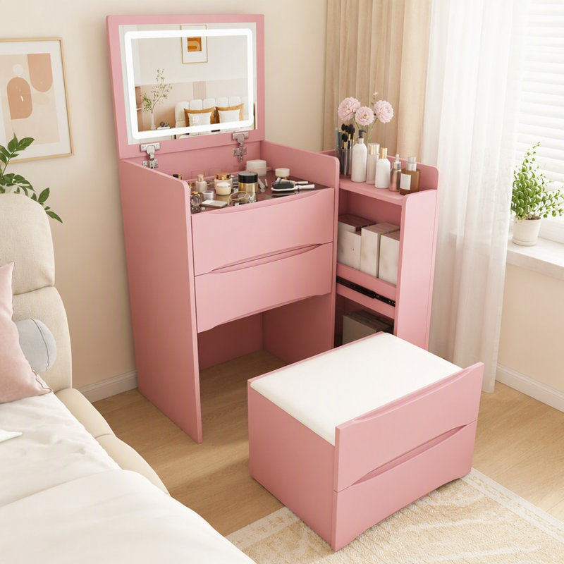Coiffeuse 3 en 1 avec miroir rabattable, éclairage et rangement, table de maquillage avec DEL réglable, plateau coulissant latéral et tabouret, rose