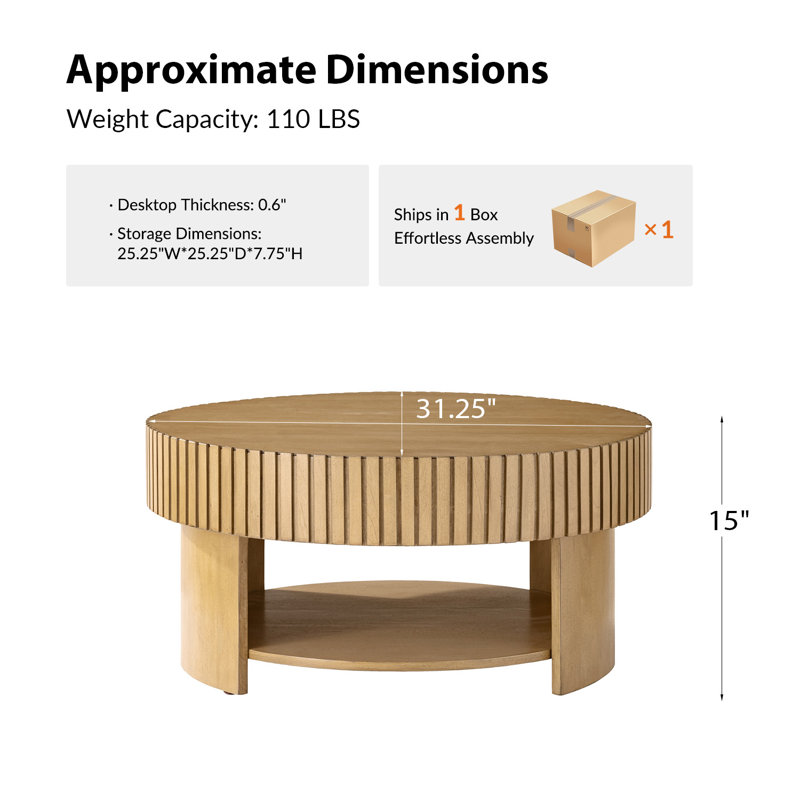 Jadida Haroldo Modern 31.25"W Solid Wood Coffee Table with Lower Storage Shelf and Fluted Design, Natural