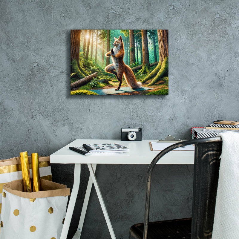  «Fox Doing Yoga» par Rey Klimt, art mural sur toile, 60 po x 40 po, H 12 po x l 18 po x P 0,75 po