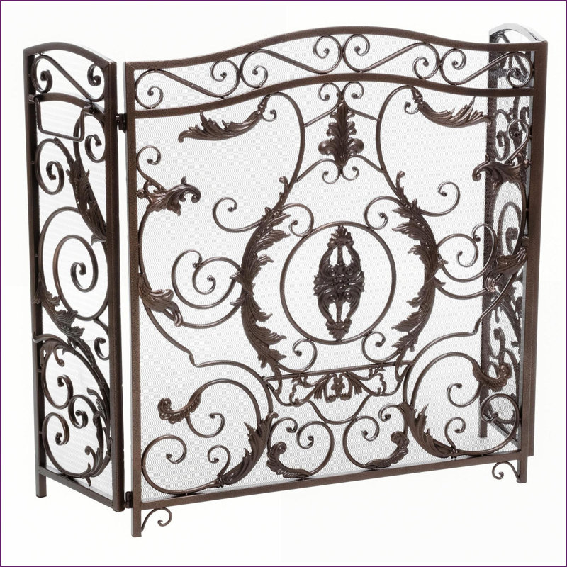 Traditional 3-Panel Foldable Fireplace Screen | Black + Gold Iron | 53.5W x 36.5H, Black/Gold