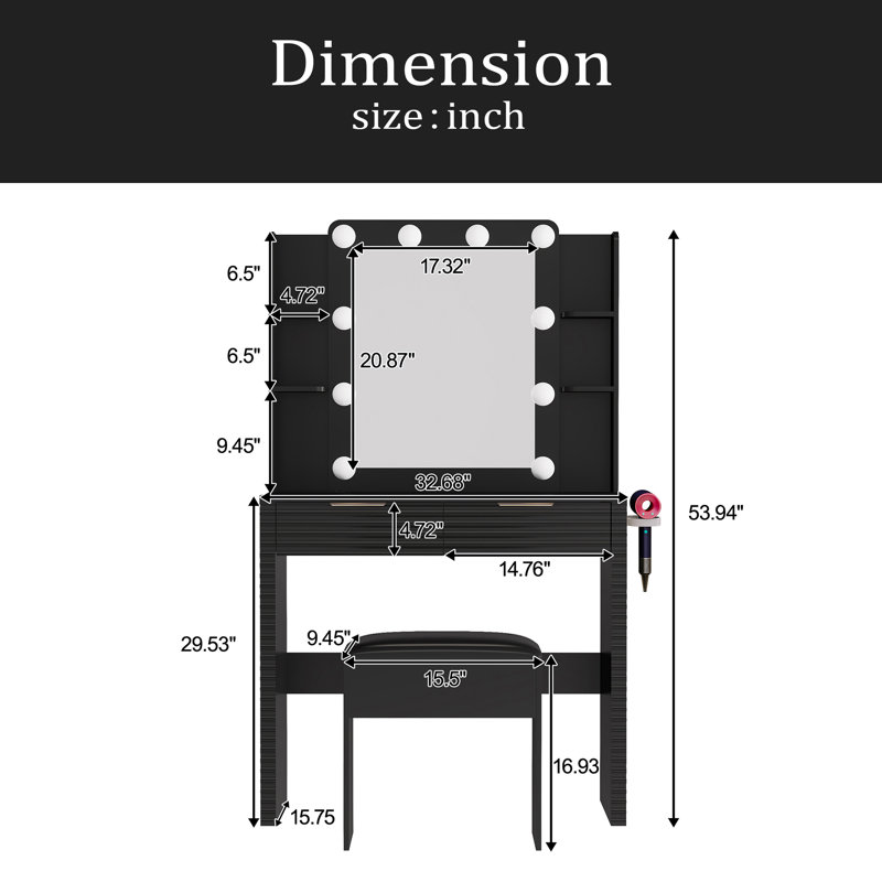 Makeup Vanity Desk With 10 Hollywood Bulbs, Fluted Dressing Table With Charging Station, 2 Drawers And 4 Open Shelves, Hairdryer Holder, Padded Stool With Storage