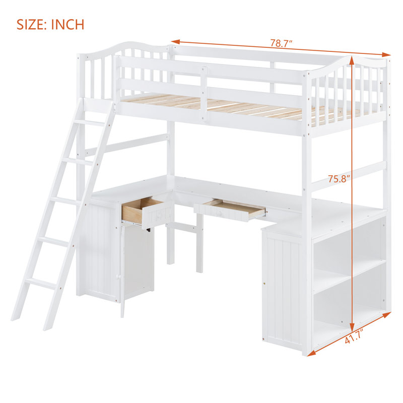Lit mezzanine simple avec bureau, tiroirs, armoire et tablettes - Lit mezzanine en bois peu encombrant, blanc
