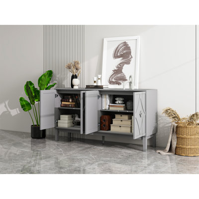 Armoire de rangement vintage à 4 portes avec portes géométriques sculptées à la main, tablettes réglables, finition chêne noir, pieds surélevés pour un nettoyage facile, armoire buffet pour le salon et la salle à manger