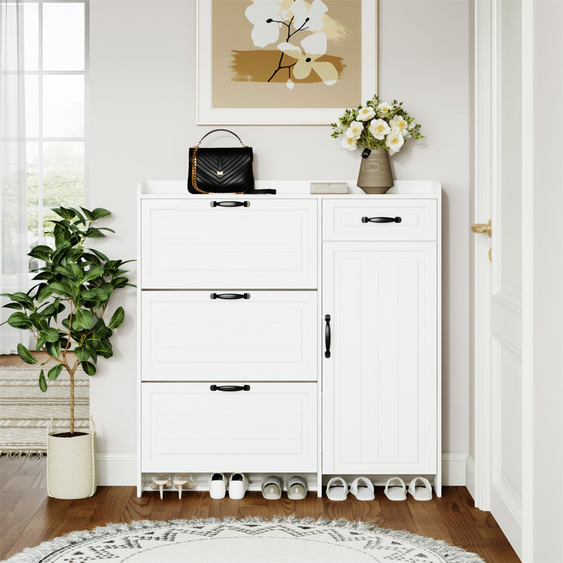 White Colour Shoe Cabinet  With 4 Doors 1 Drawers