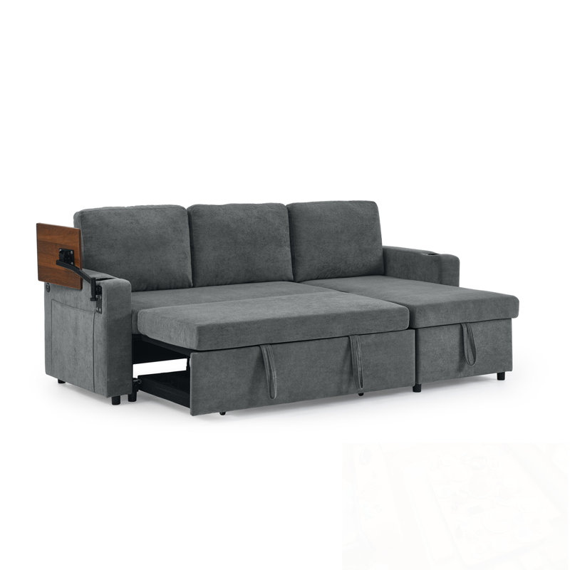 Canapé modulaire avec table rétractable, éclairage DEL, ports de chargement USB et porte-gobelets, Gris