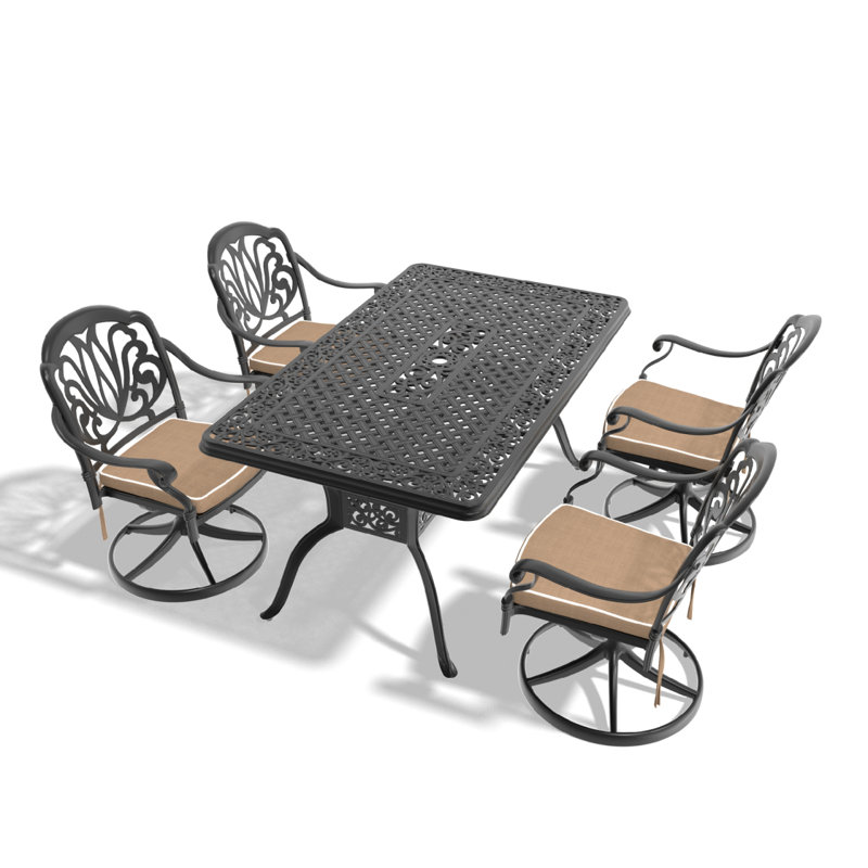 Ensemble de salle à manger 5 pièces en aluminium coulé résistant aux intempéries, comprenant 4 chaises pivotantes et une table rectangulaire avec cadre noir (même référence: W1710S00281)