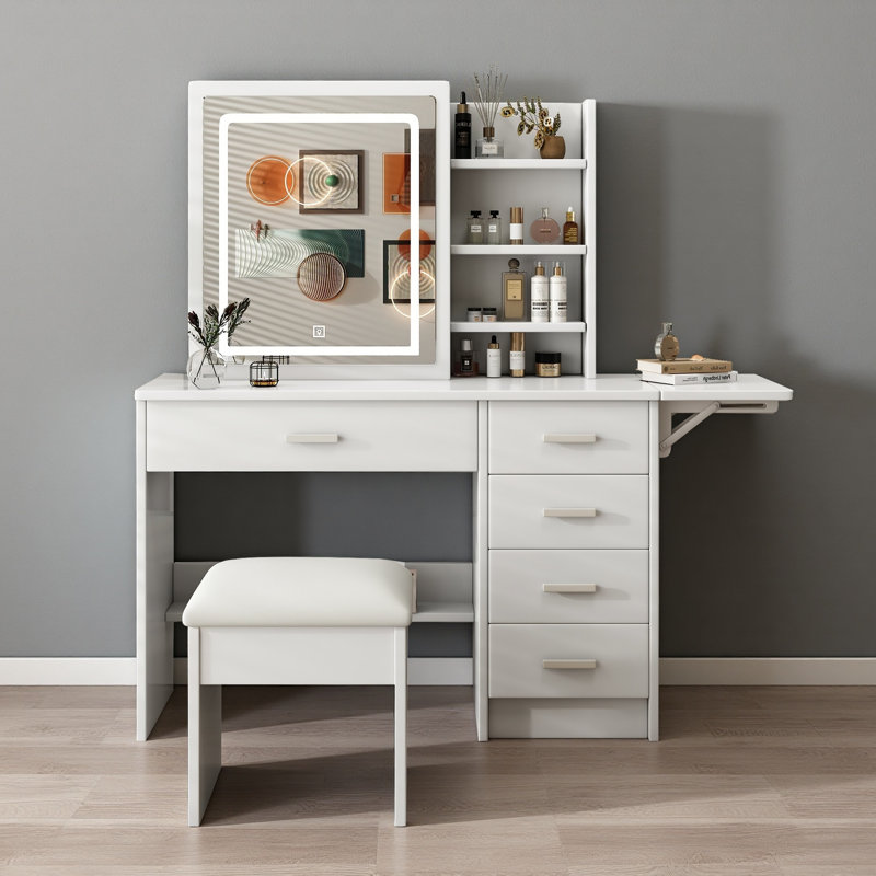 Ensemble de coiffeuse élégante avec miroir lumineux à DEL - Éclairage 3 couleurs réglable, 5 tiroirs et tablettes ouvertes, table de maquillage avec fauteuil