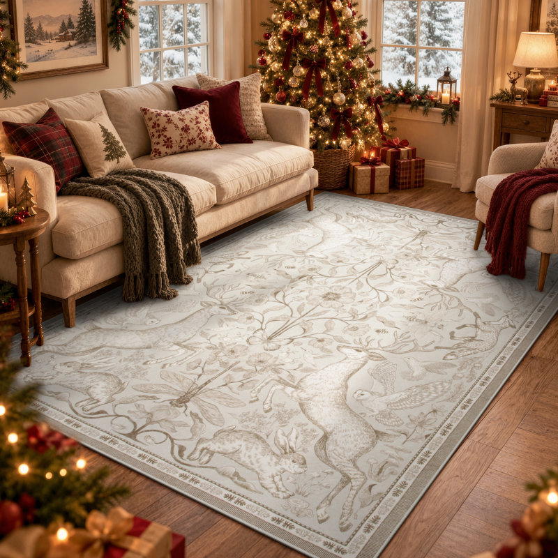 Goldene Morris Inspired Woodland Animal Washable Area Rug with Non-Slip Backing for Living Room, Bedroom and Kidsroom