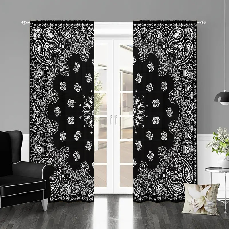 2 pièces rideaux bandana noir et blanc à motif cachemire bohémien de fenêtre de style hippie avec passe-tringle pour le salon, la chambre et la décoration intérieure