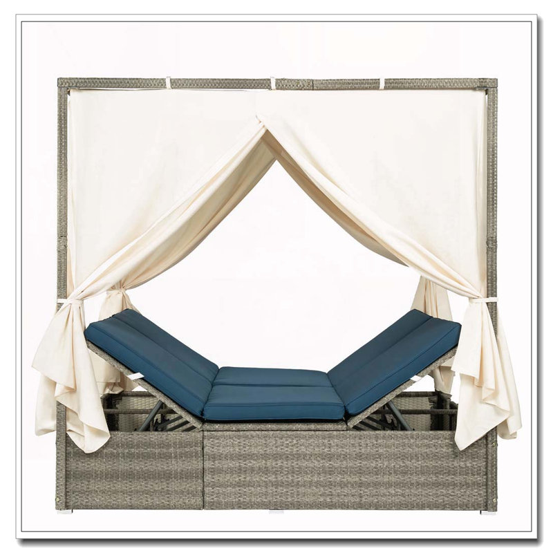Adjustable Outdoor Sun Lounger with Canopy and Multi-Position Recline, Dark Blue