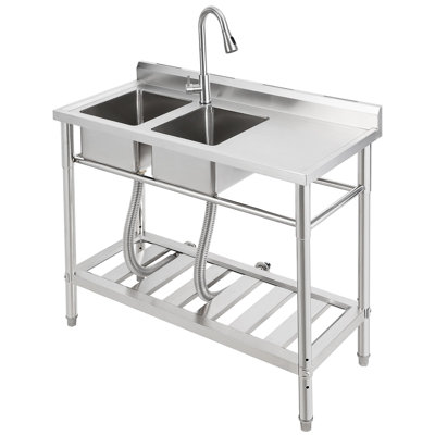 Évier utilitaire double bac commercial - Poste de travail autoportant en acier inoxydable pour buanderie et cuisine - Robinet extractible, tuyaux d'eau chaude et froide, pieds réglables, tablette de rangement - 99 x 46 x 102 cm