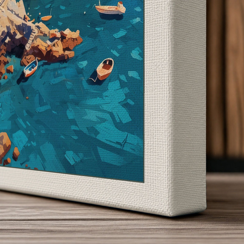 Clifftop Mediterranean Village Coastal - Wrapped Canvas, 18x12 - 45.7 x 30.5 cm, Cream Border