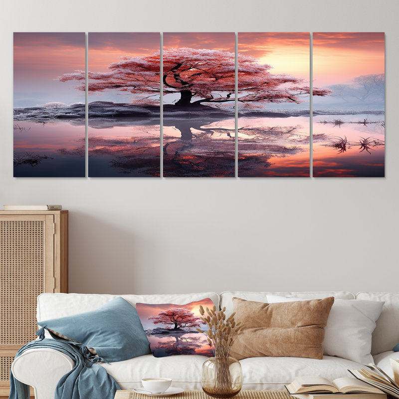 «Pink Tree On Island Like Warm Sunset Colors - Winter Tree», art mural sur toile 5 pièces, H 32 po x l 80 po