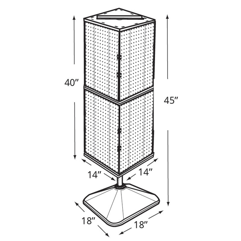 Présentoir de plancher à quatre côtés en panneau perforé sur base pivotante. Support à roulettes. Taille du panneau: l 14 po x H 40 po