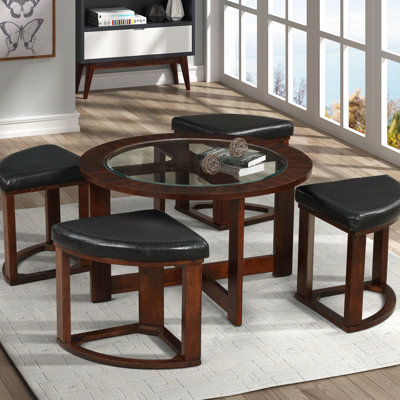 Table ronde contemporaine en bois massif avec plateau en verre et 4 tabourets pour salon