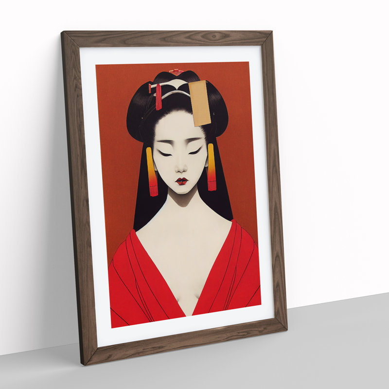 Symmetrical Geisha No.1 - Wall Art, 66cm H x 48cm W, Walnut Framed Paper, White