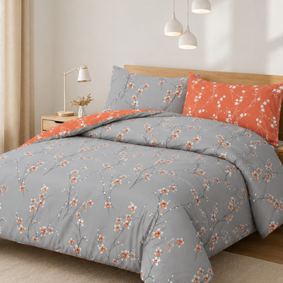 Aspire Homeware Grey and Rust Floral Duvet Cover Set