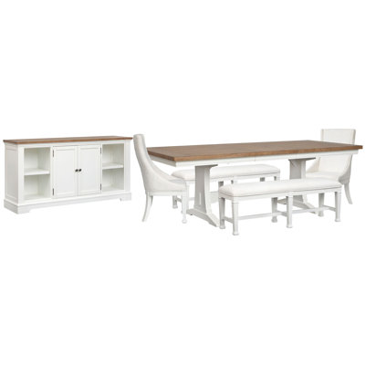 Table de salle à manger extensible rectangulaire avec 2 bancs, 2 chaises et une crédence