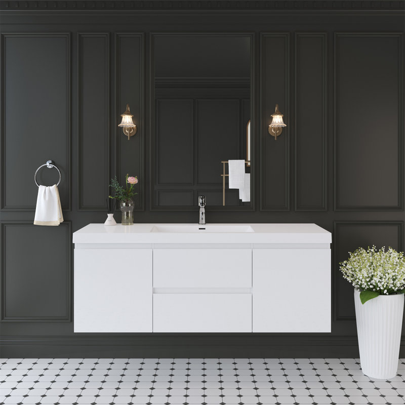 Meuble-lavabo flottant 60 po avec lavabo, Blanc lustré, 59"