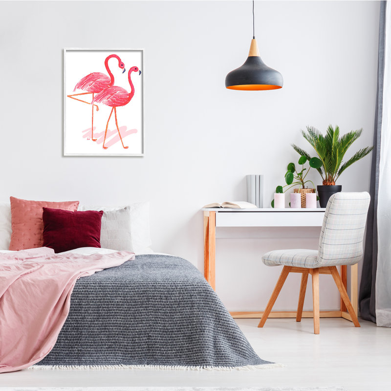 Paire de flamants roses tropicaux, couple d'oiseaux, impression minimale sur bois, H 30 po x l 24 po
