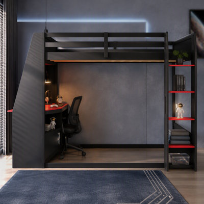 Full Size Wooden Gaming Bunk Bed with Desk,Two Storage Shelves,USB and LED Light