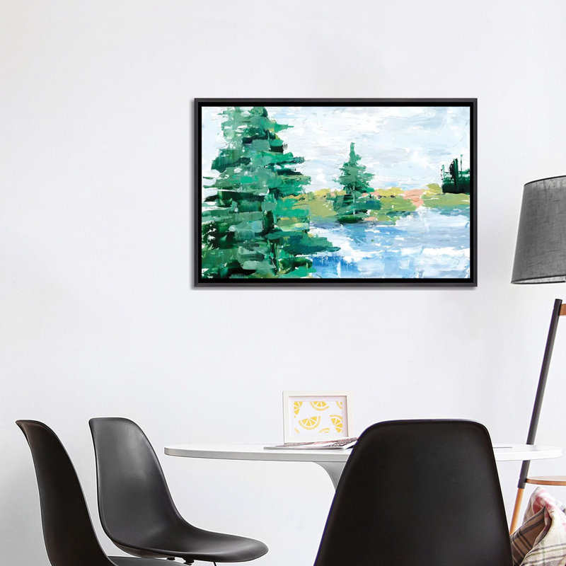 «Evergreen Lake I» par Ethan Harper - reproduction d'art, H 26 po x l 40 po x 1,5 po, Encadrement noir décoloré, Pas de tapis