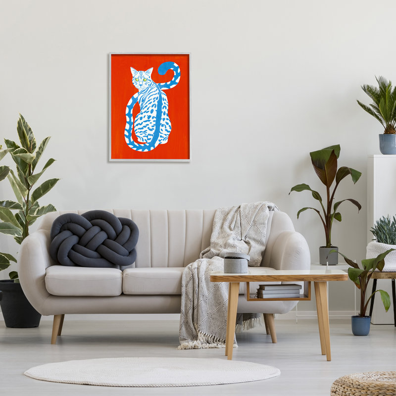 «Blue Gazing Cat», conception moderne audacieuse giclée et encadrée par Grace Popp_aq-385, H 30 po x l 24 po x P 1,5 po