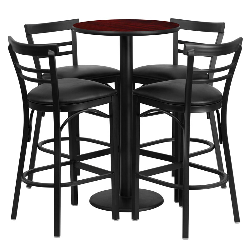 Naro 24'' Round Laminate Table Set with Round Base and 4 Ladder Back Metal Barstools, Mahogany, Black Faux Leather