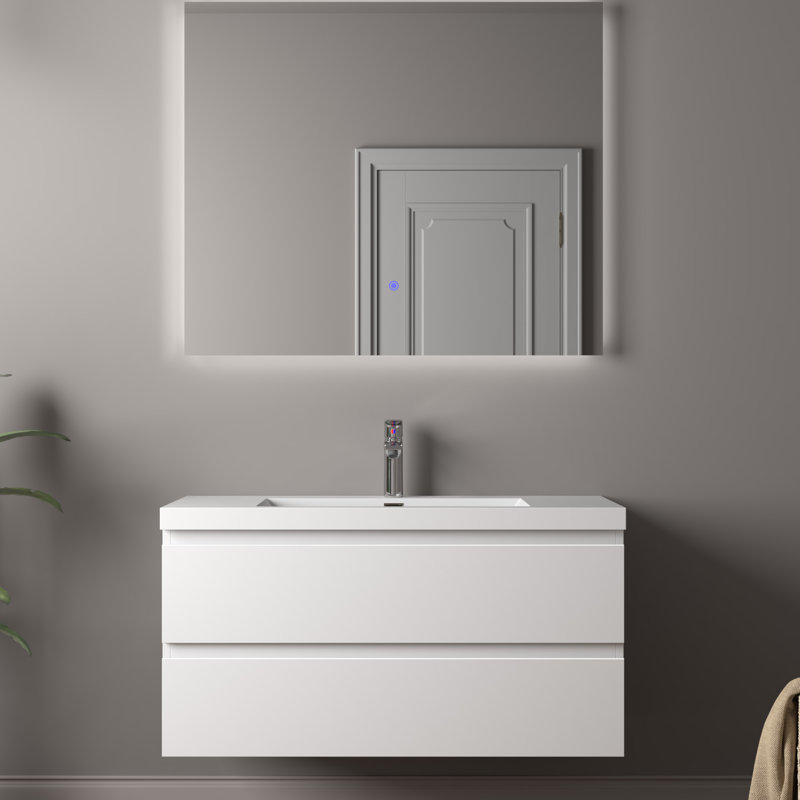 Meuble-lavabo mural simple 42 po avec plateau en pierre blanc brillant et 2 tiroirs modernes HG.White, 42"