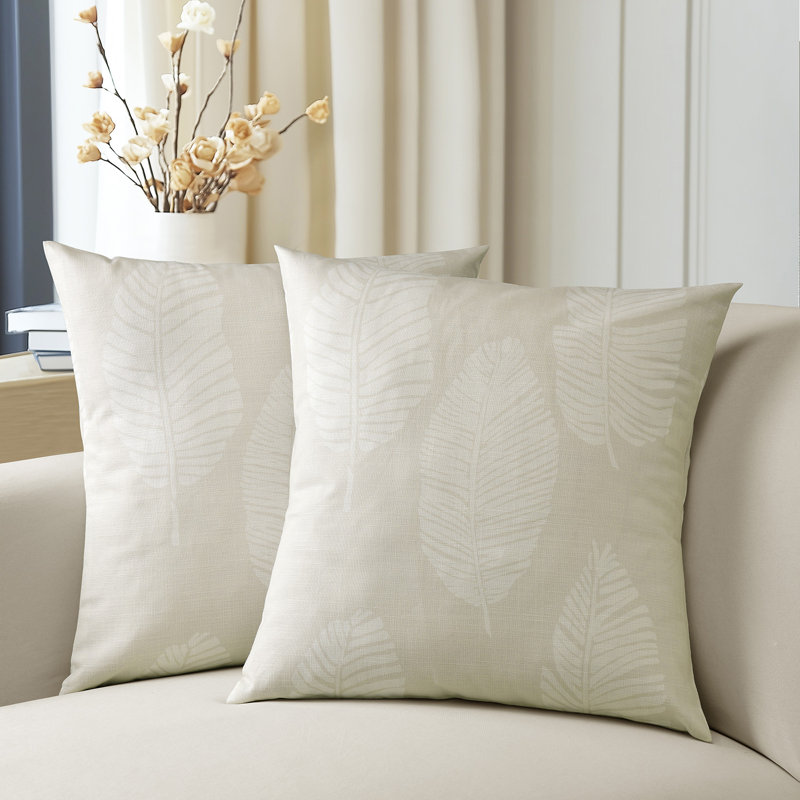 Printed Cotton Throw Pillow Covers 18 X 18 - Textured Decorative Pillow Covers (Set of 2), Leaflet White Floral