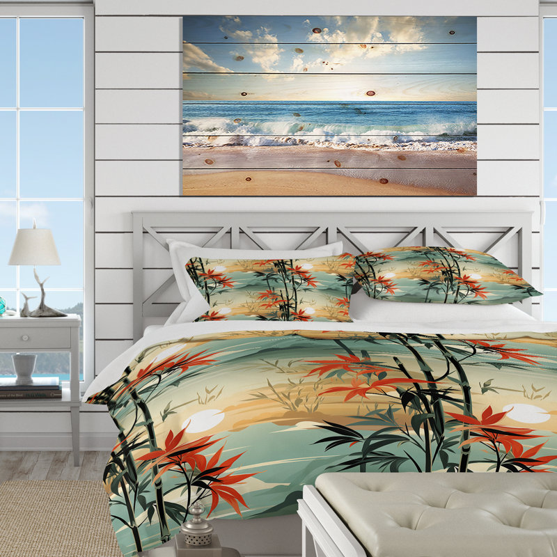 Literie verte et orange en bambou Mirage, Housse de couette pour grand lit et 2 taies décor