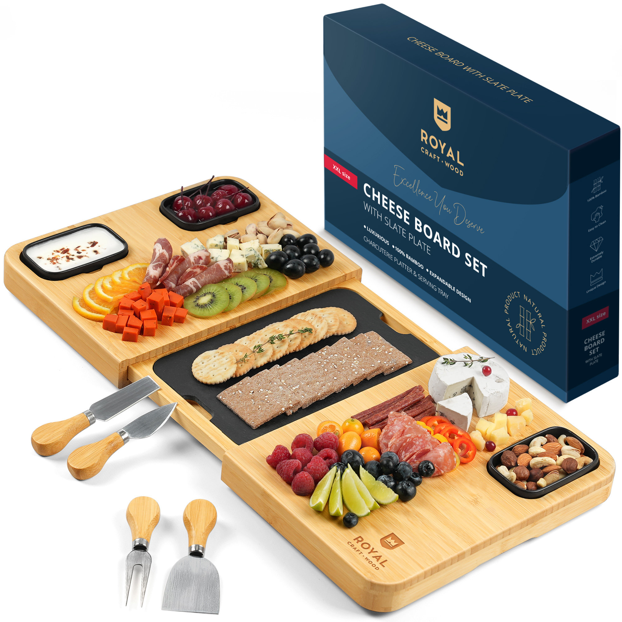 Unique Bamboo Cheese Board Charcuterie Platter and Serving Tray for