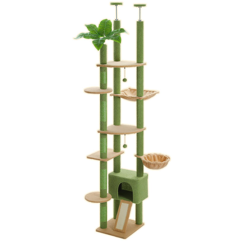 Grand arbre à chat, hauteur réglable, avec appartement pour chat, hamac pour chat et poteau à griffer, Vert