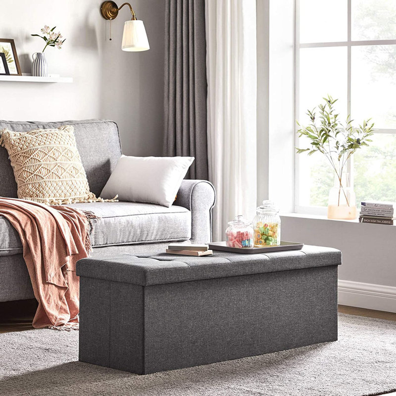 Linen Blend Upholstered Storage Bench, Dark Gray