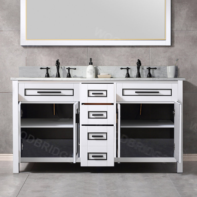 61" White and Black Trim Solid Wood Double Vanity with Carrara Marble Top