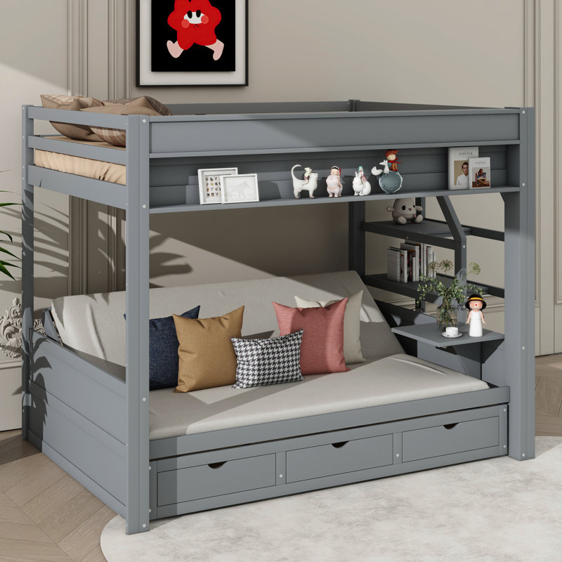 Lit superposé double avec structure transformable, marches de rangement, table de chevet et tiroirs triples