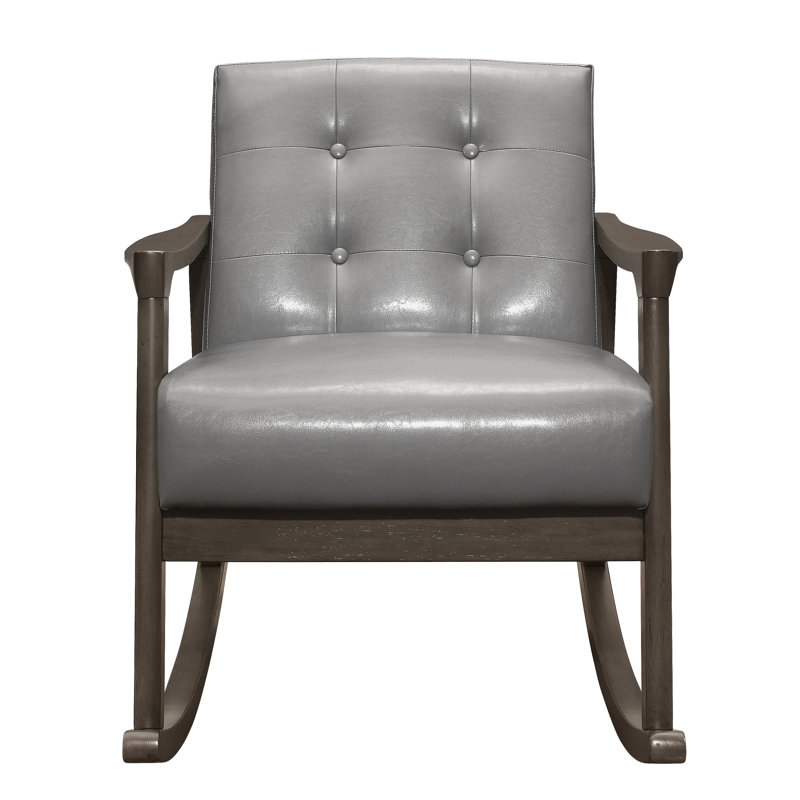 Chaise berçante de style Mid-Century avec similicuir gris et bouton en bois massif d'une capacité de poids de 300 lb