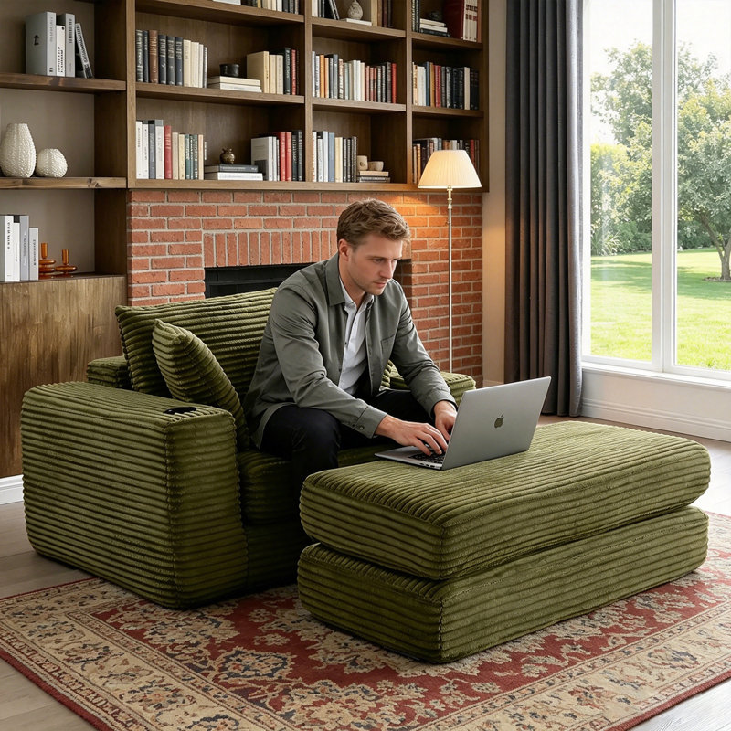Masir Oversized Modular Lounge Chair, Convertible Sleeper Sofa with Ottoman & Cup Holders, Green Corduroy., Green