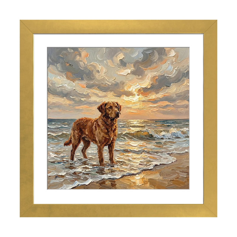 «Beach Day - Chesapeake Bay Retriever», reproduction d'art sur papier encadré, 24" x 24", Framed Paper, Gold