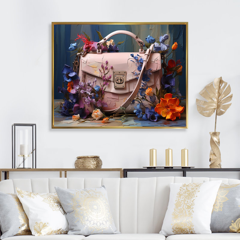 Sac à main rose silhouette emblématique, Cadre flottant doré, H 24 po x l 32 po x P 1 po