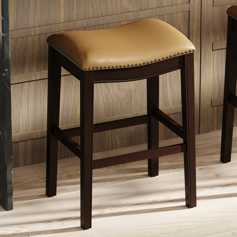 31In. H Bar-Height Wood Barstool With Tan Faux-Leather Seat, 1PC, Tan