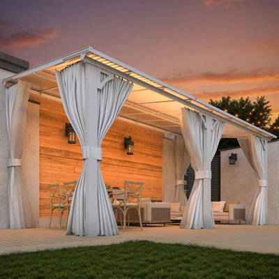 White Hard Top Lean To Gazebo Pergola With Curtains And Mosquito Netting