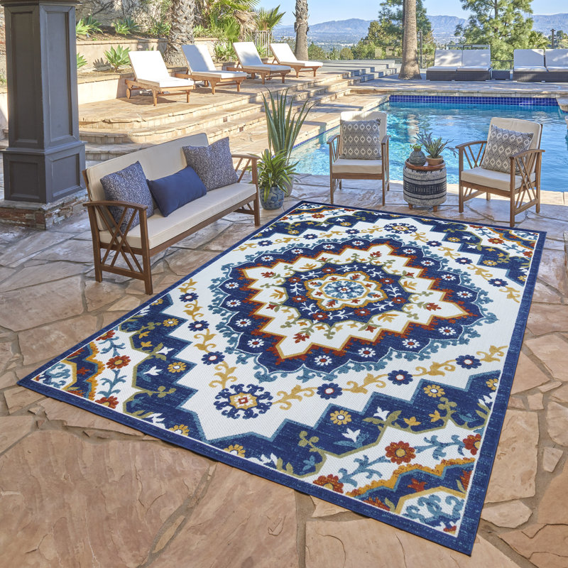 Fosel Arasi Ivory/Blue Transitional Mandala Style Flatweave Indoor/Outdoor Area Rug, Rectangle 8'9" x 13'1"