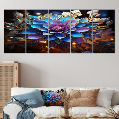 Abstrait bleu mauve en fleurs, feuilles dorées - art floral moderne sur toile 5 pièces