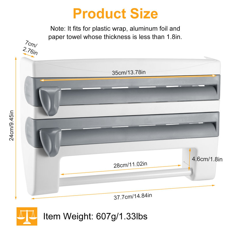 Porte-serviettes 3 en 1 avec papier d'aluminium et distributeur de plastique