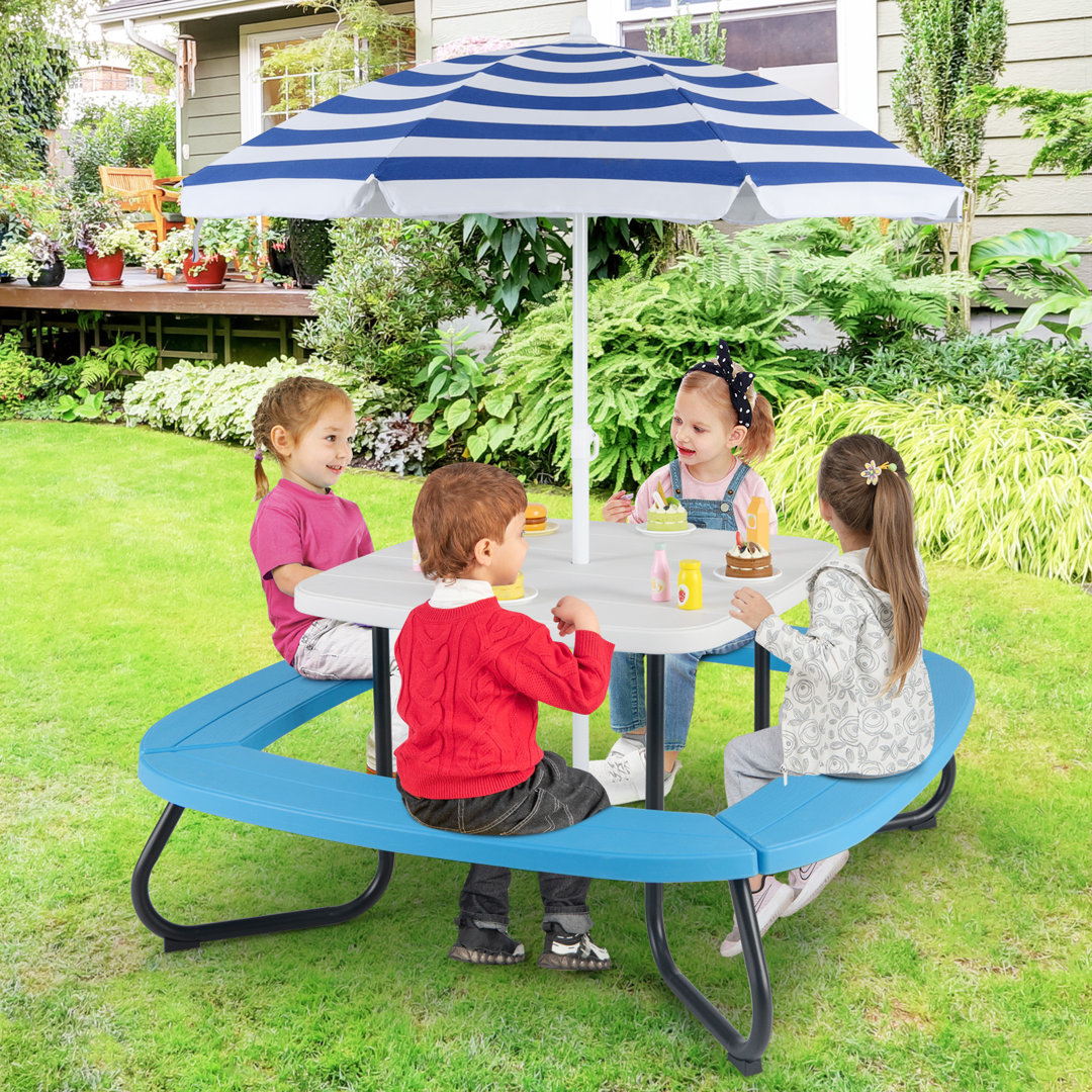 Kids Picnic Table HDPE Outdoor Table W/Height Adjustable Umbrella-White
