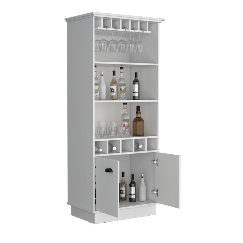 Dundee 70-Inch High 10-Glass Bar Cabinet with 5 Cubbies and 3 Open Shelves and Cabinet